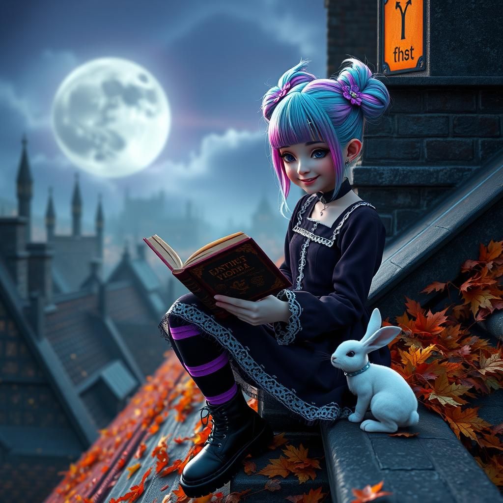 Gothic Girl Celebrates Fall on Rooftop in Game Art Style
