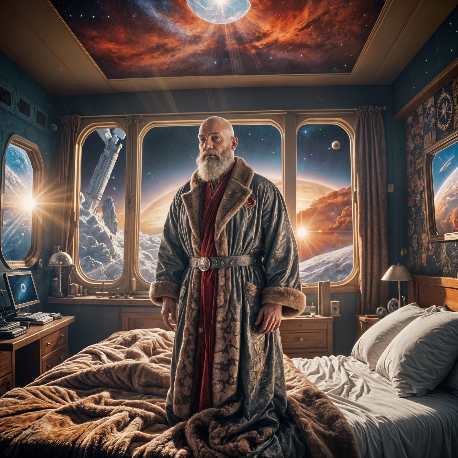 Futuristic Soldier in Orbit, Detailed Matte Painting