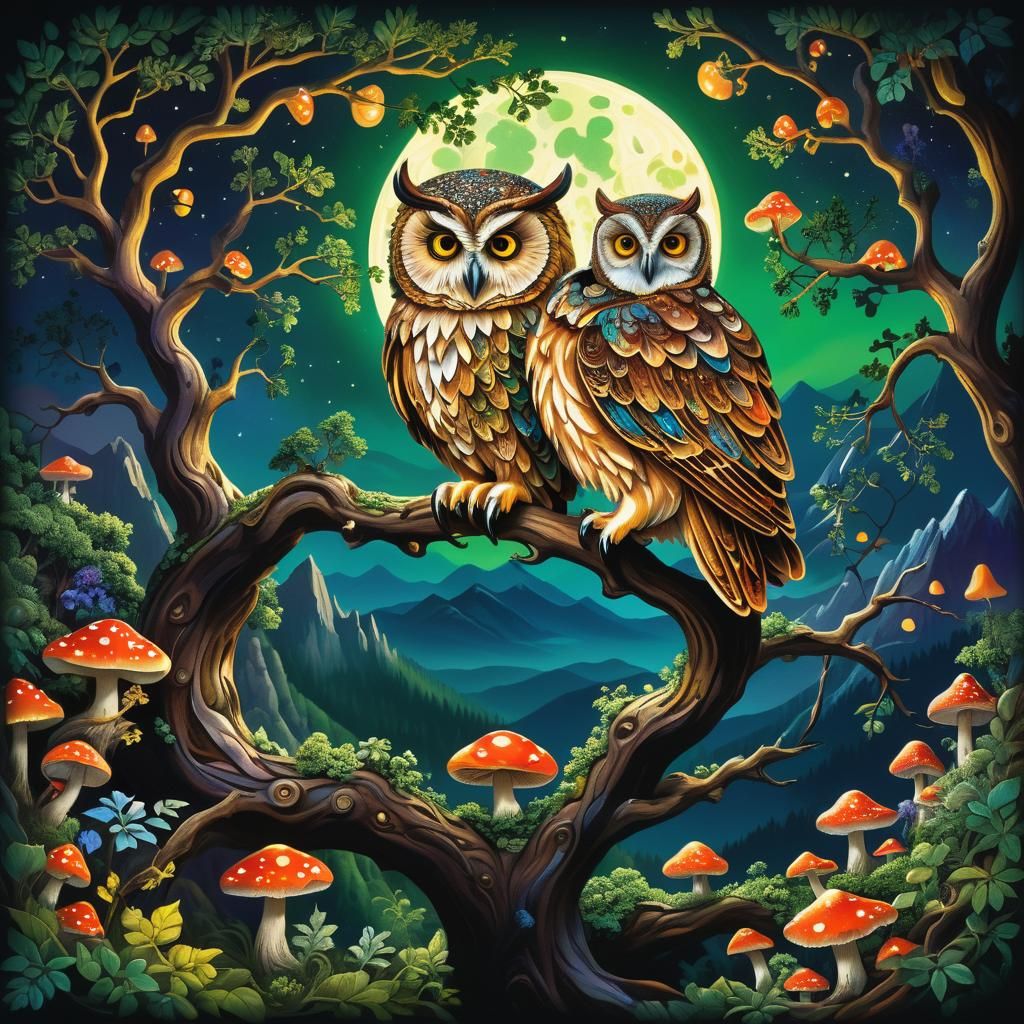 Mystical Owl in Psychedelic Landscape