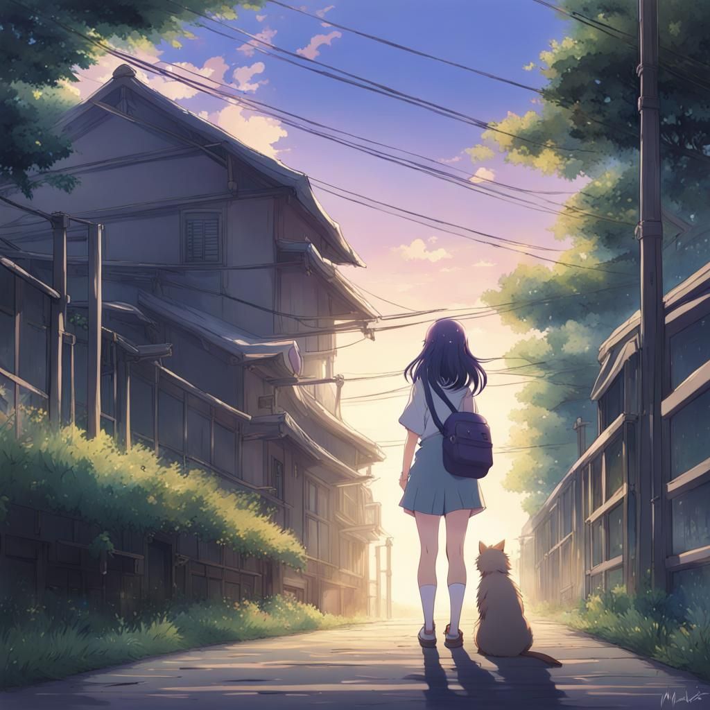 Anime Girl with Purple Hair in Ghibli Style