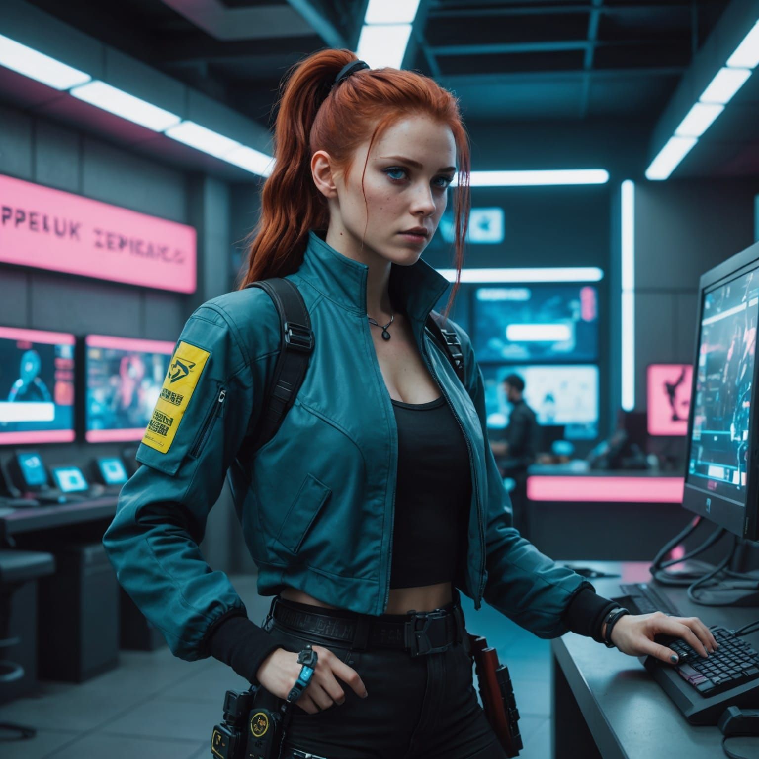 Cyberpunk Woman Enters Computer Store