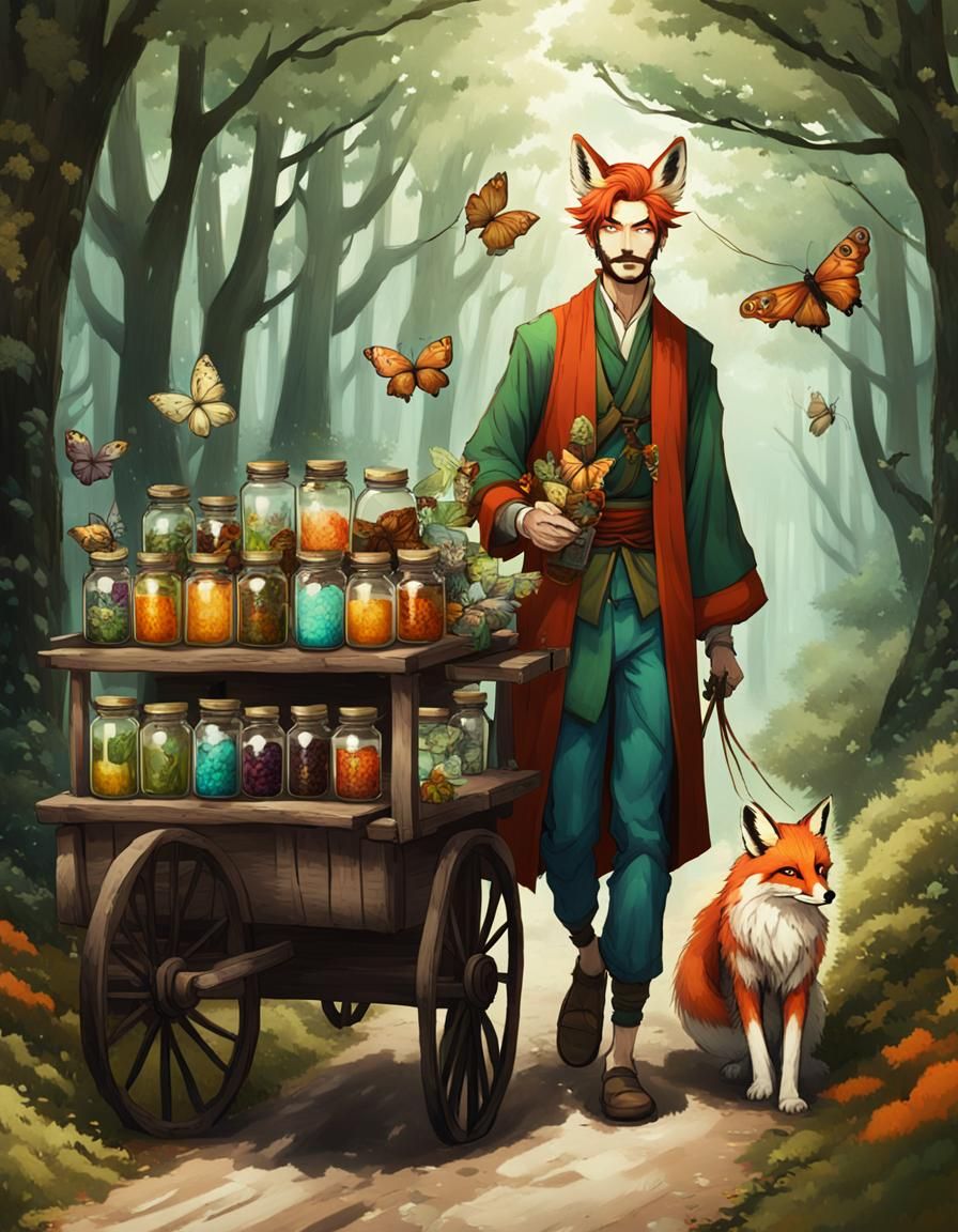 Kitsune Merchant Selling Butterflies in Forest