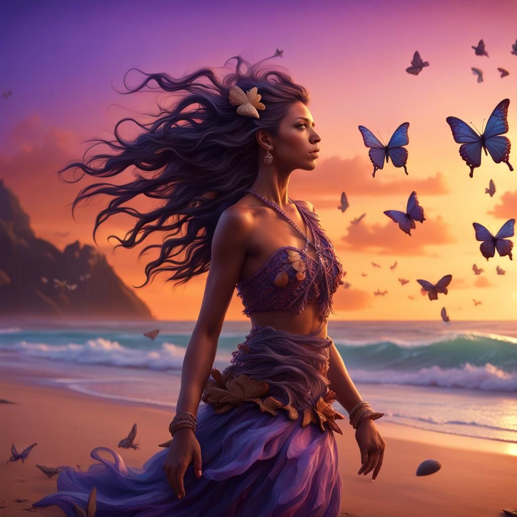 Hula Girl on Beach at Sunset: Detailed Matte Painting