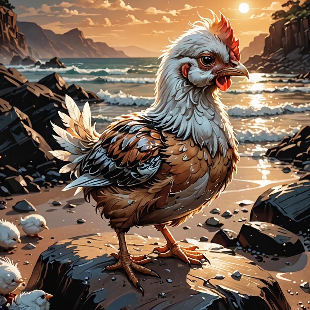 Glistening Baby Chick Illustration on Rocky Beach