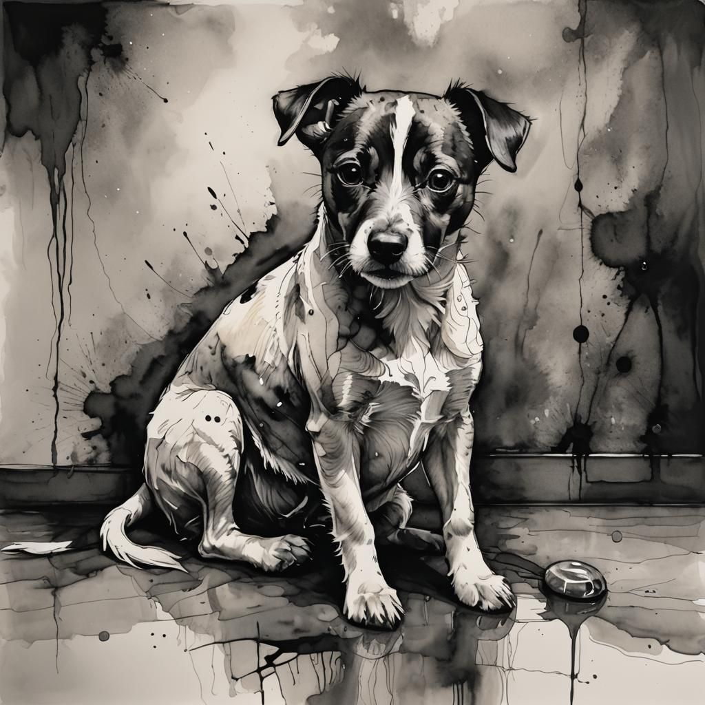 Sorrowful Jack Russell in Alcohol Ink Grayscale Painting