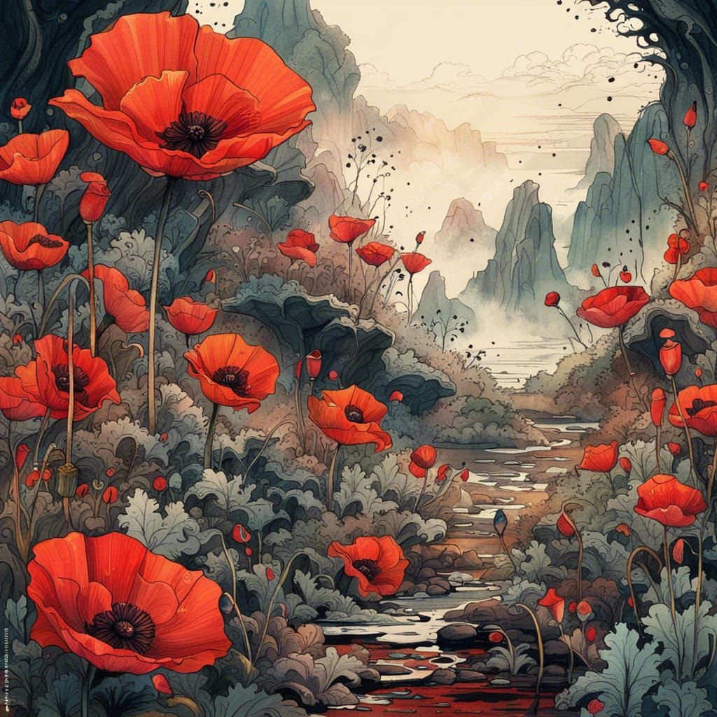 Poppy in Chinese Ink Drawing Style