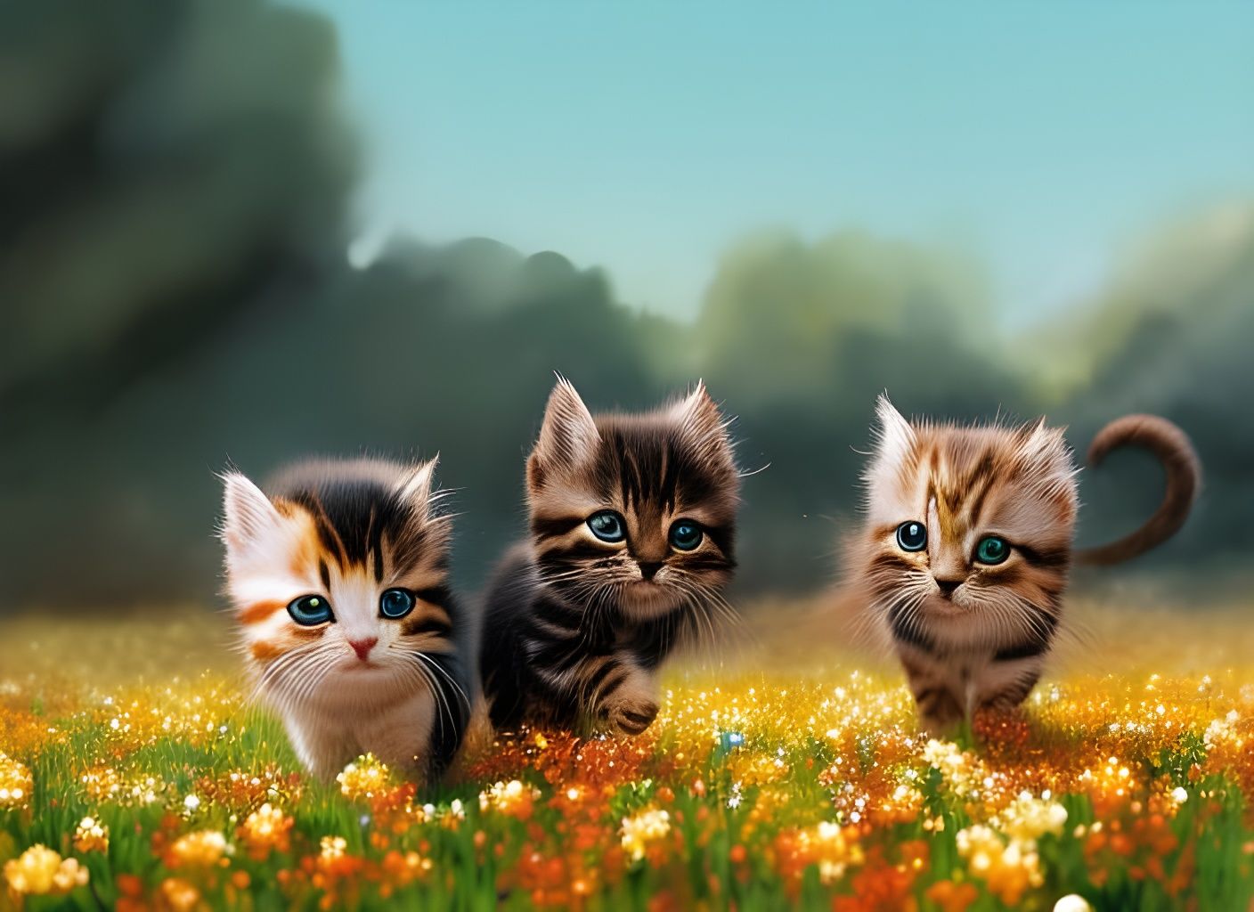 Kittens Frolic in a Flower Field: Watercolor Art