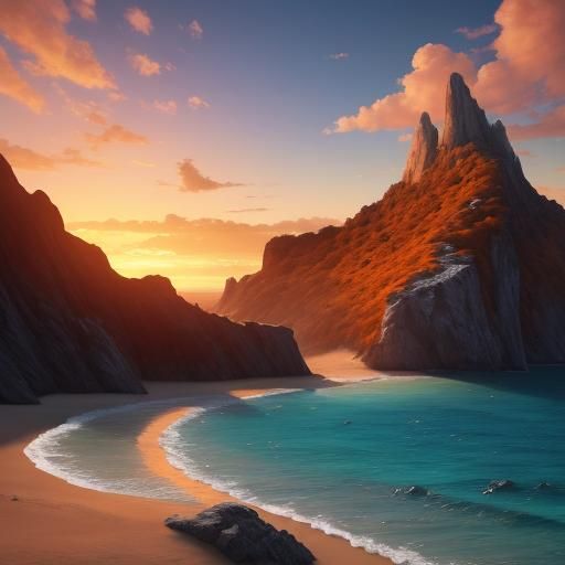 Vibrant Sunset on a Crystal Beach, Fantasy Matte Painting