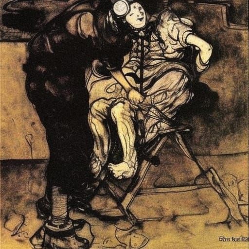 Woman Falling from Ink Cart in Classic Style