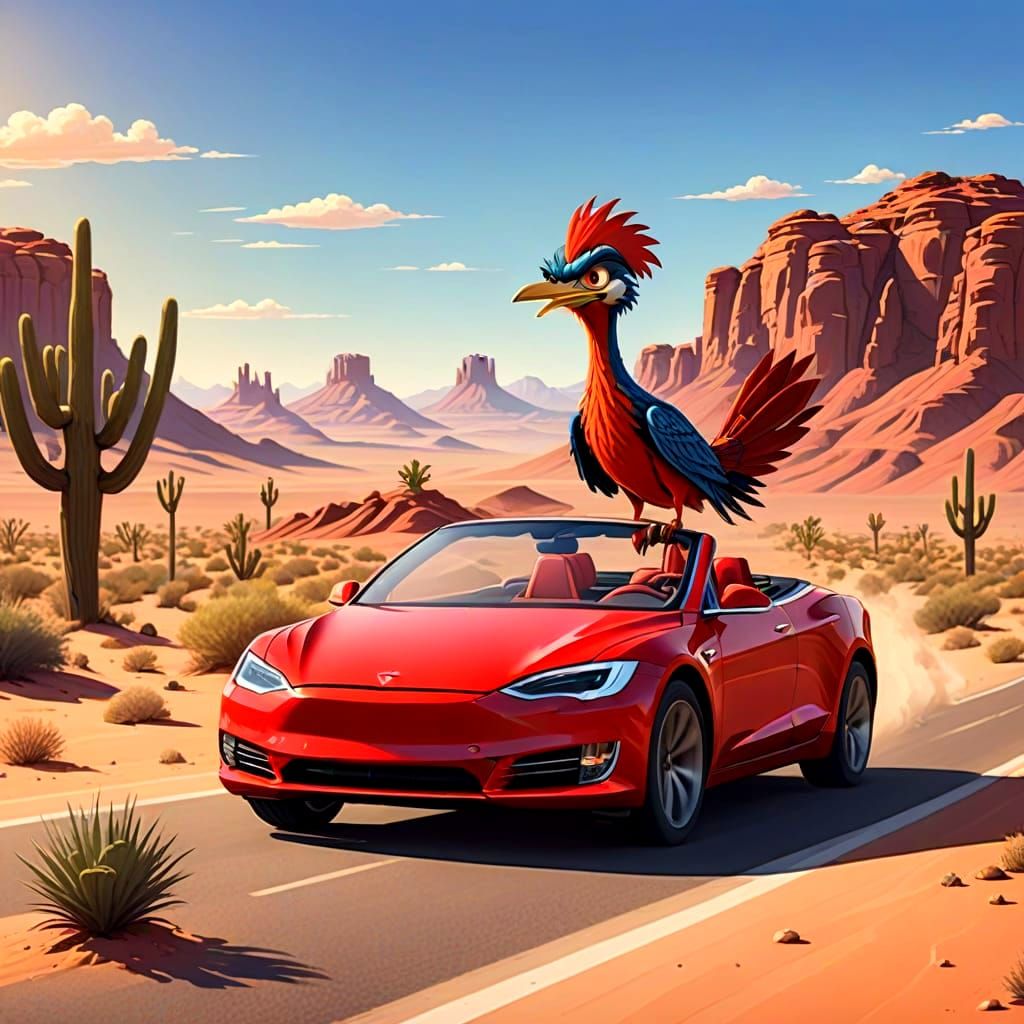 Speedy Roadrunner Cruises the Desert in a Red Tesla