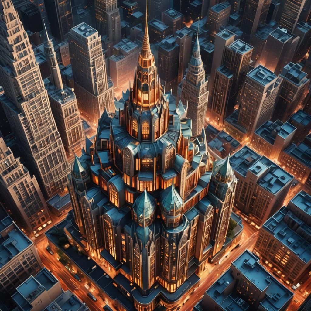 Futuristic Art Deco Spire in Cityscape