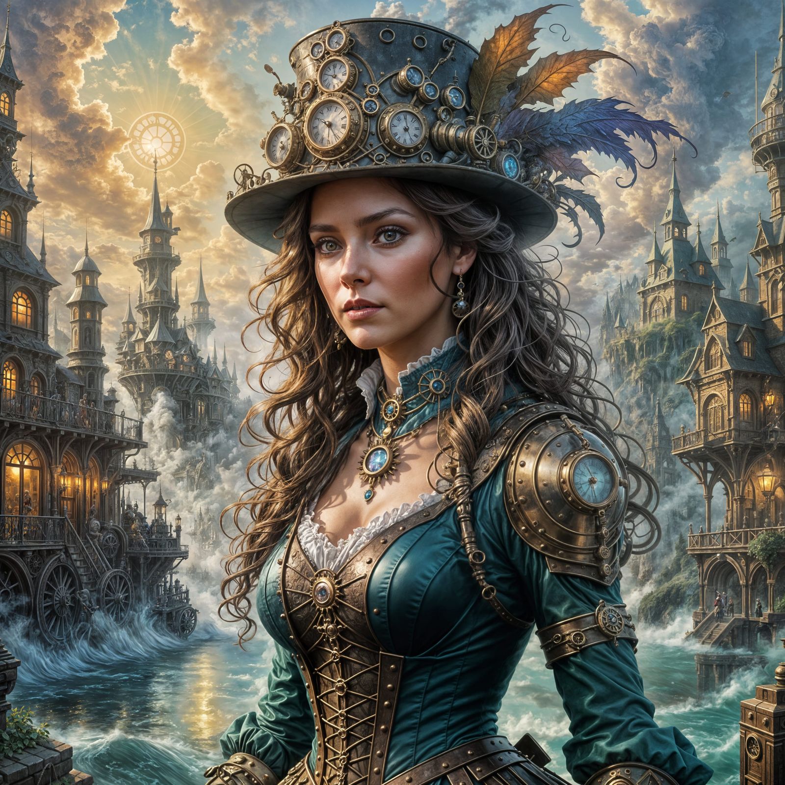 Ethereal Steampunk Goddess Amidst Whimsical Misty Fantasy