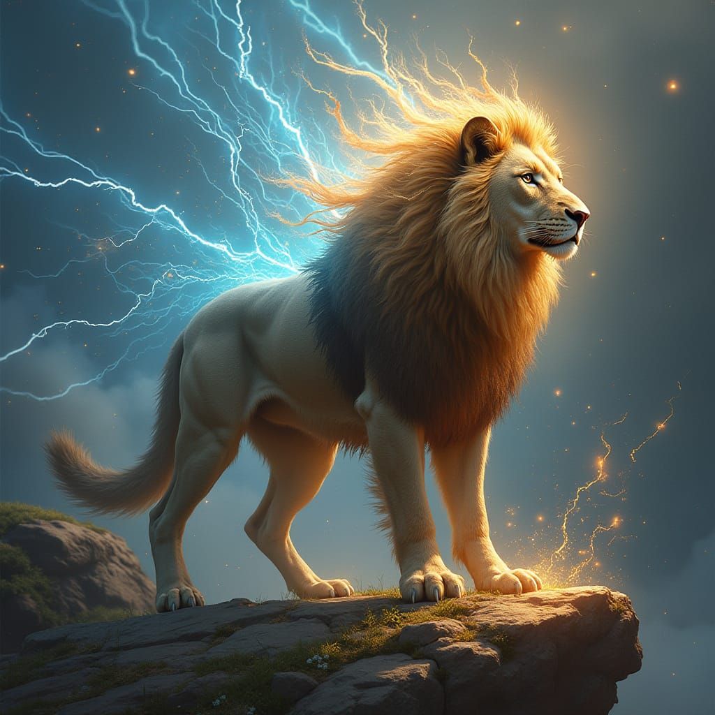 Majestic King Lion Wolf Fusion in Mystical Realism