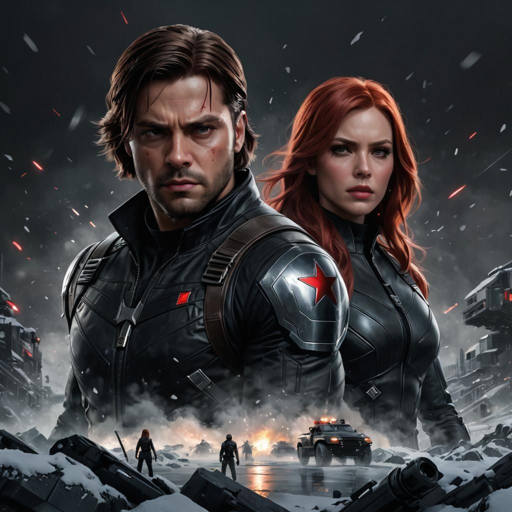 Winter Soldier and Black Widow Portrait in Grayscale