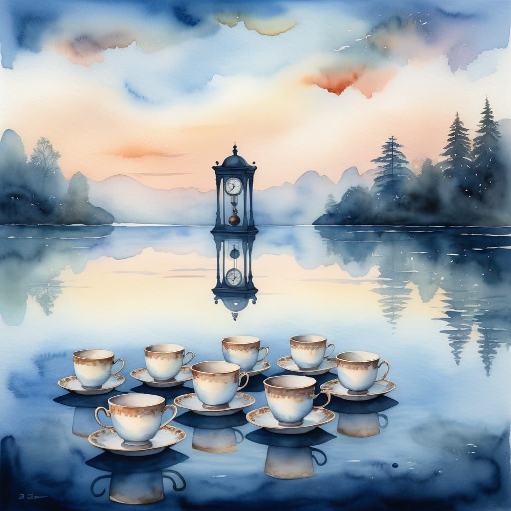 Surreal Teacups on Misty Lake at Dawn