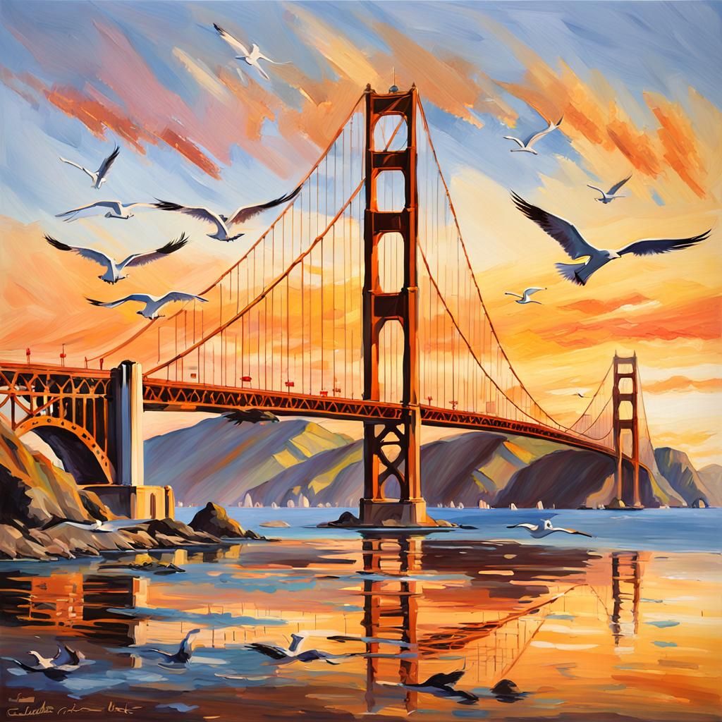 Golden Gate Bridge Impressionist Painting at Sunset