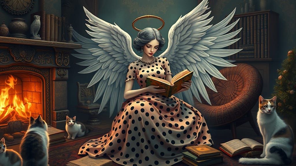 Surreal Angel of Death Surrounded by Gentle Cats in Yayoi Ku...