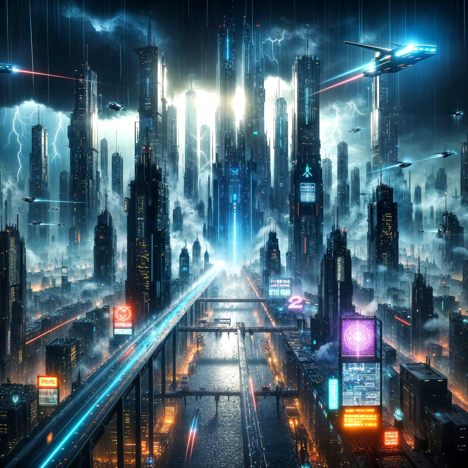 Futuristic Cityscape in Rain with Neon and Lightning