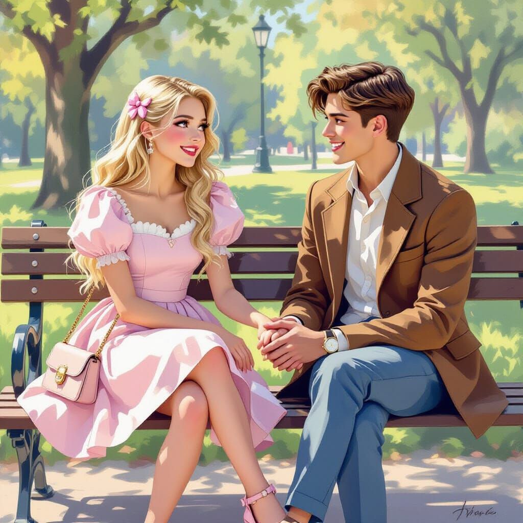 Androgynous Young Person in Girlish Dress on Park Bench