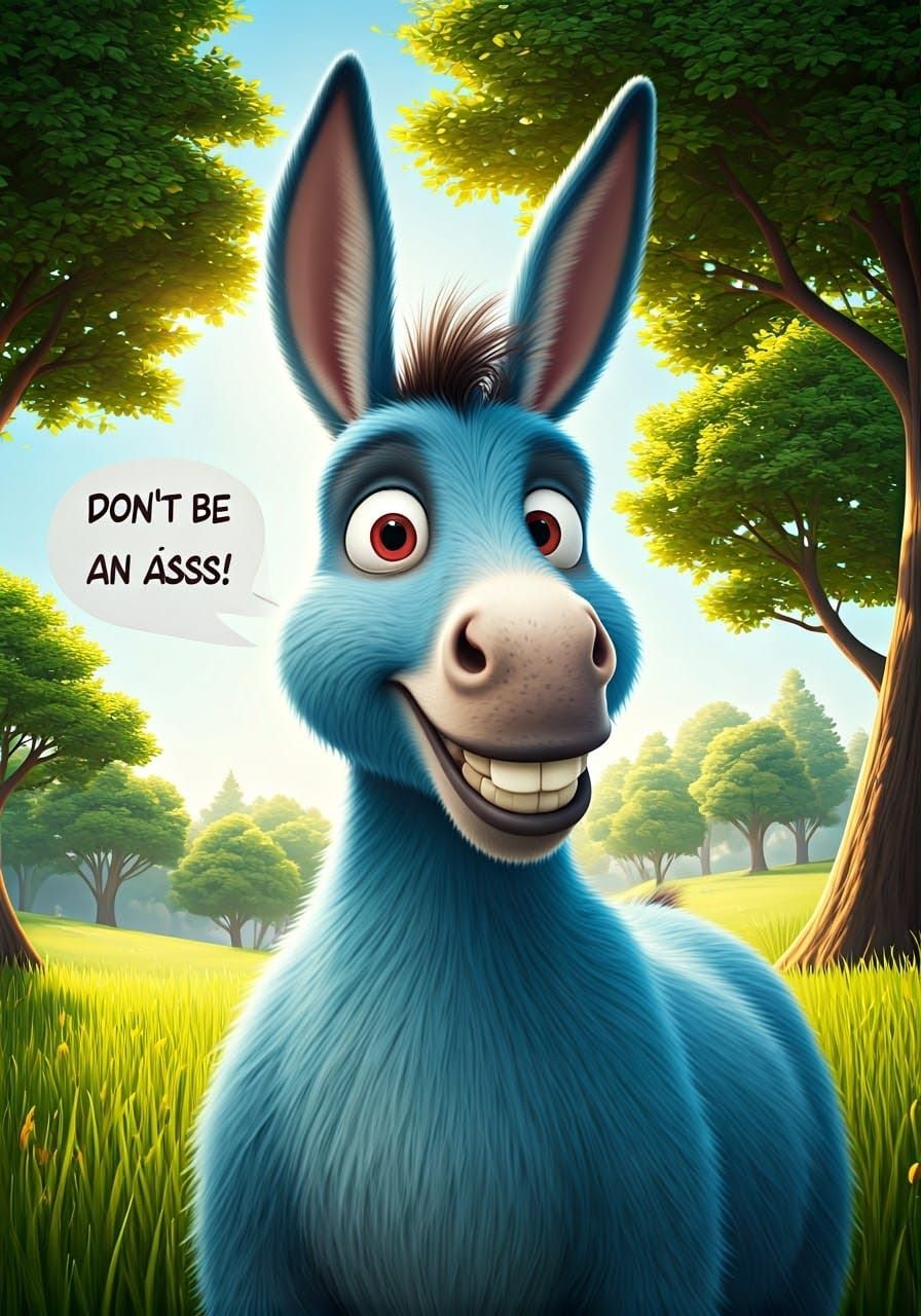 Anthropomorphic Donkey with Cheeky Grin in Meadow