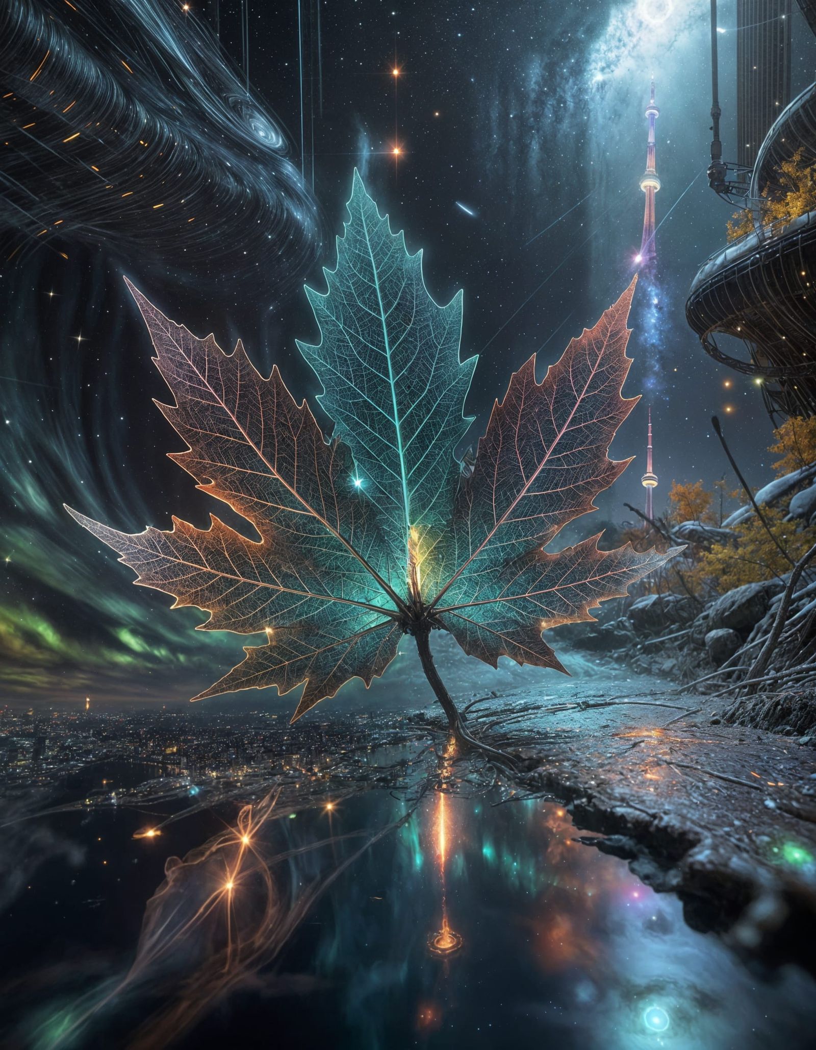 Cosmic Maple Leaf in Orbit: Vibrant Digital Art