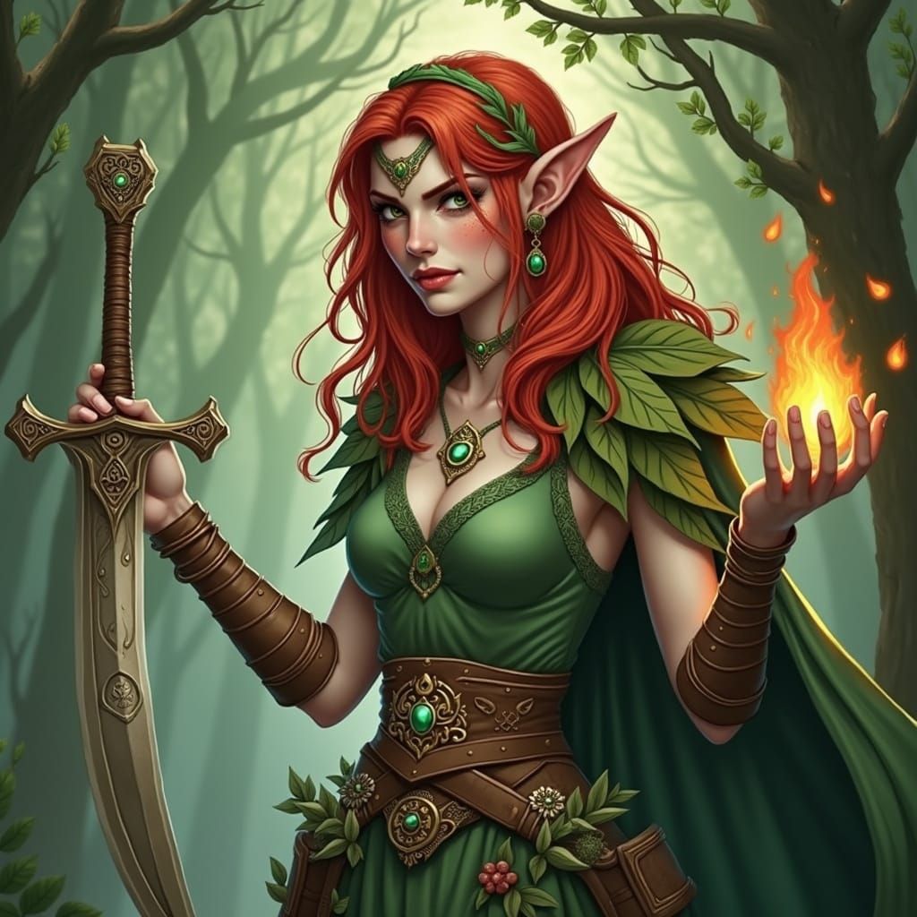 Elven Druidess in Whimsical Forest Attire