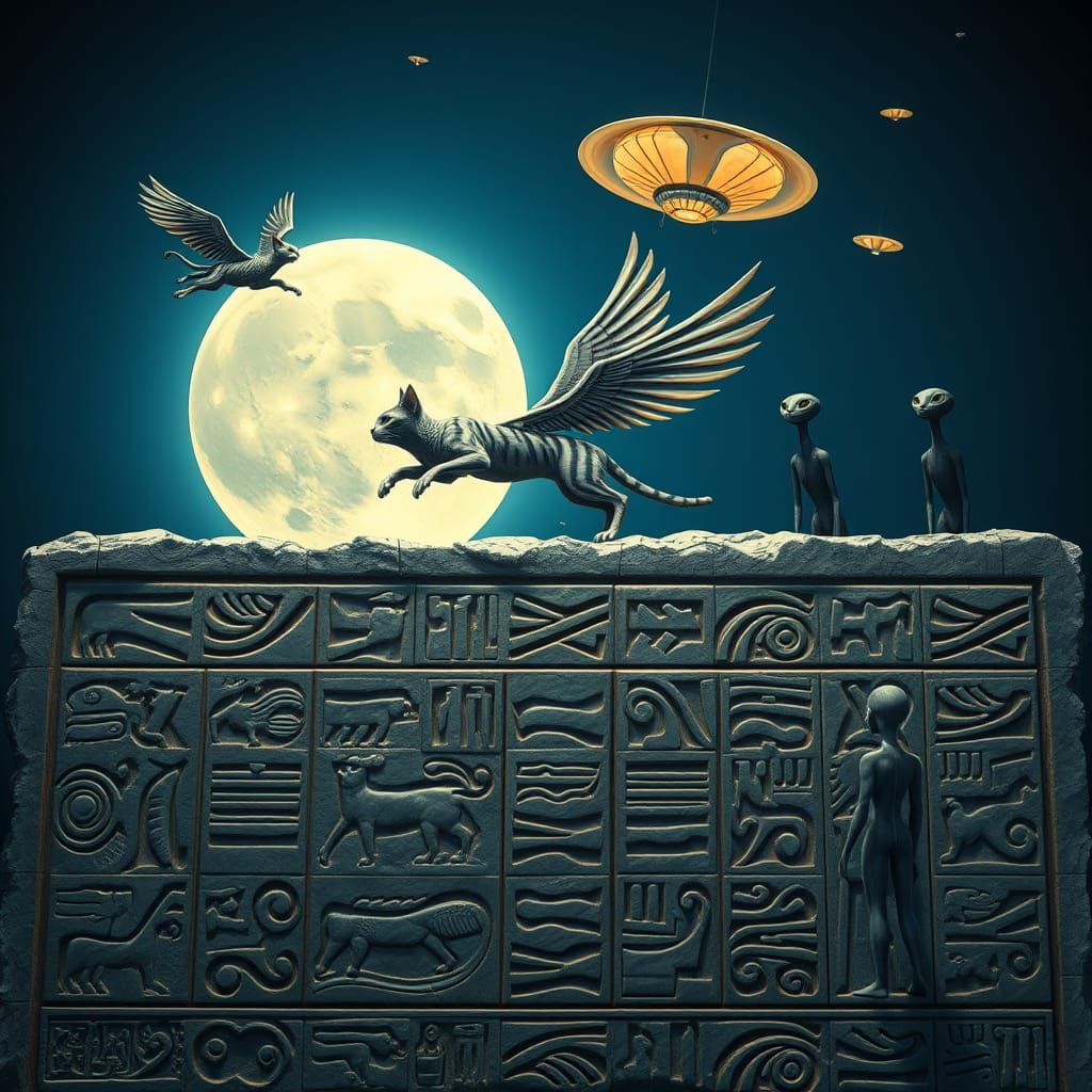 Surreal Sumerian Hieroglyphics on Ancient Stone with Winged ...