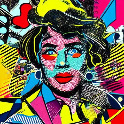 Pop art style with comic book elements.