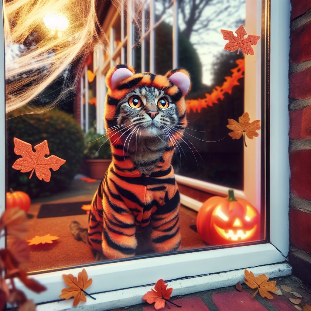 Cat in Tiger Costume on Halloween Night