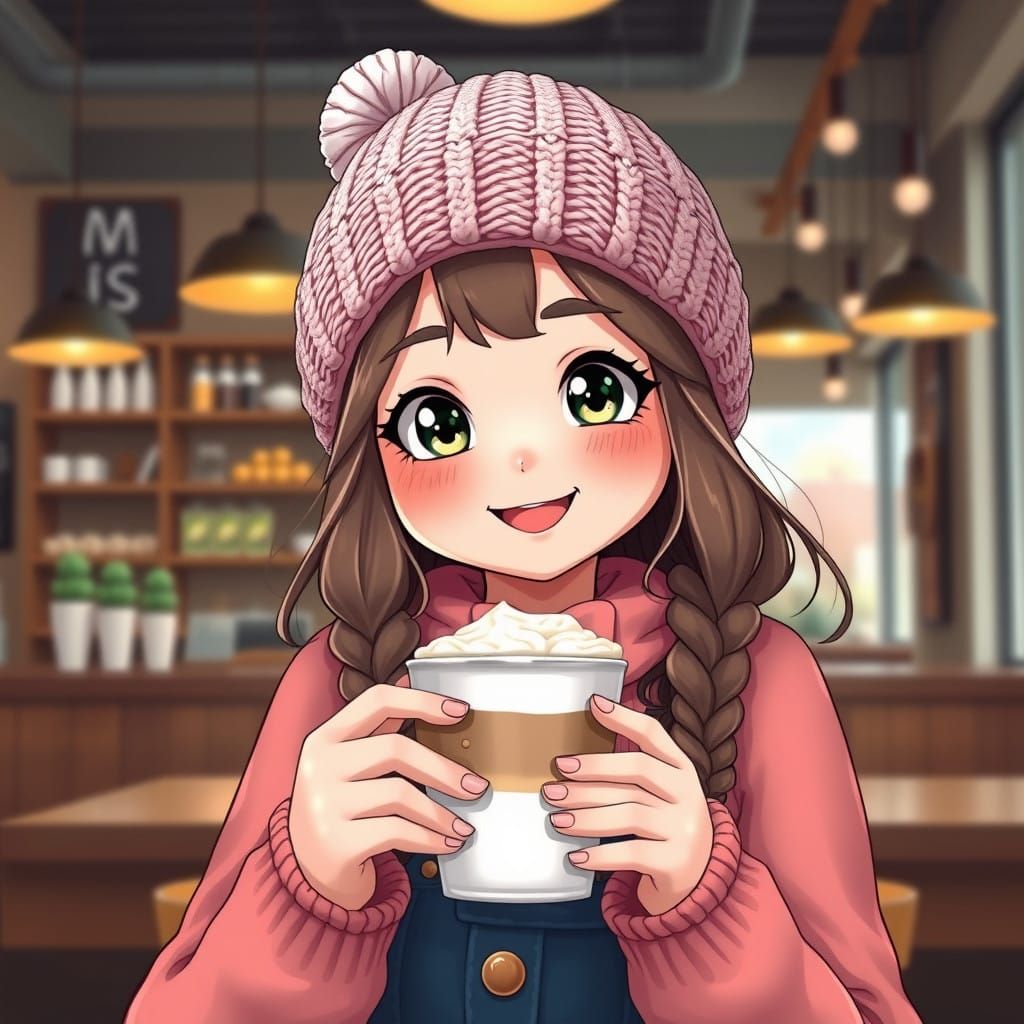 Hyperrealist Chibi Woman in Coffee Shop Delight