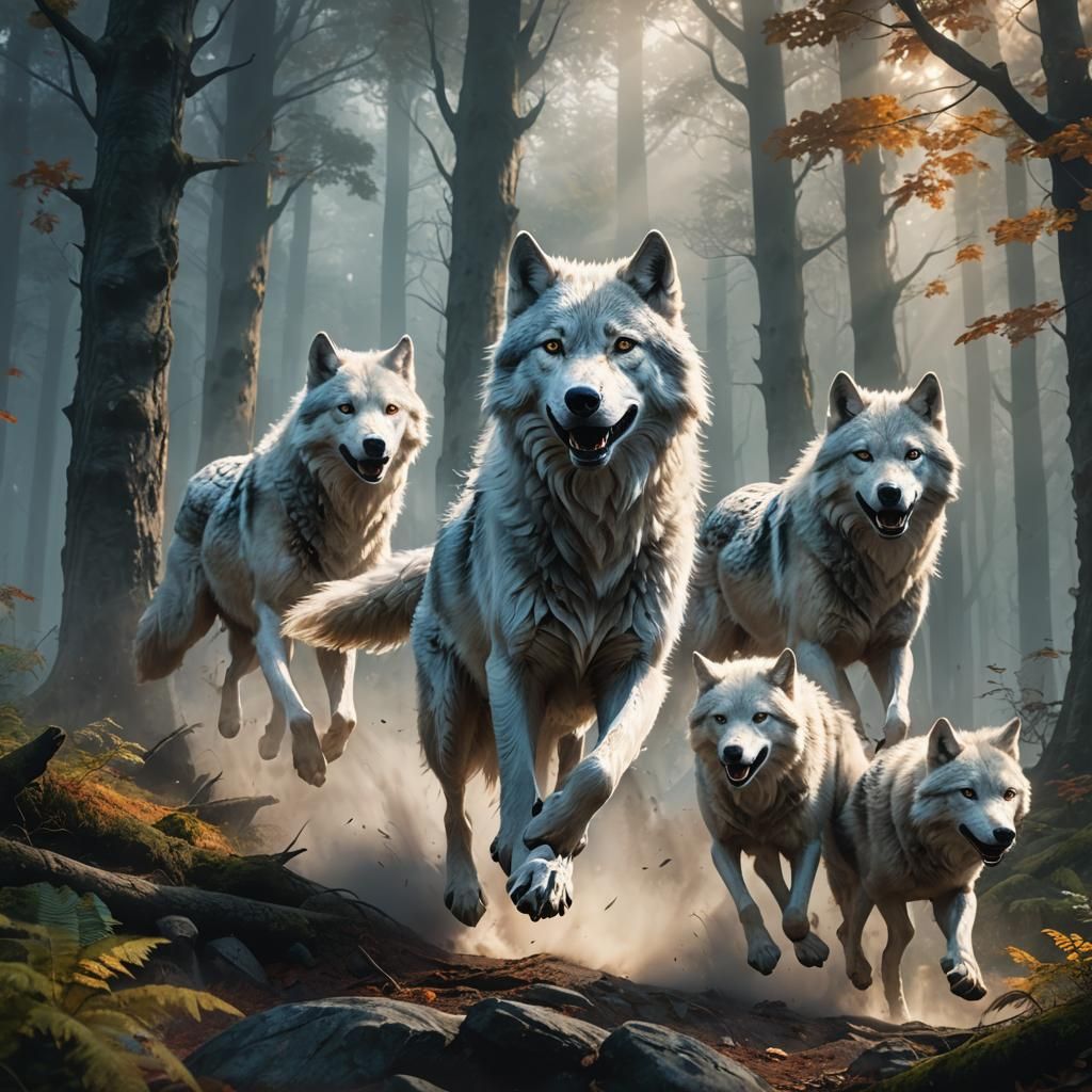 Gray Wolves Running Through Misty Forest