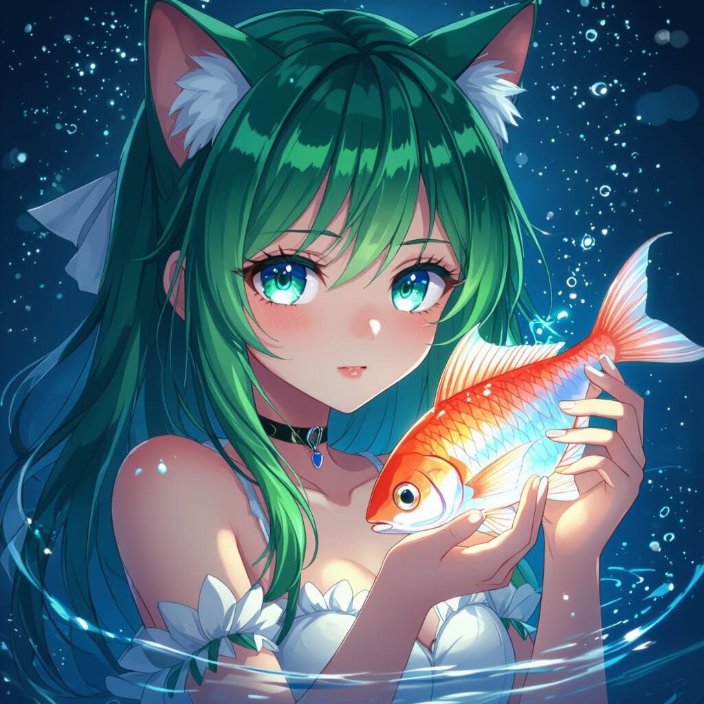 Green Haired Cat Girl Holds Glowing Fish