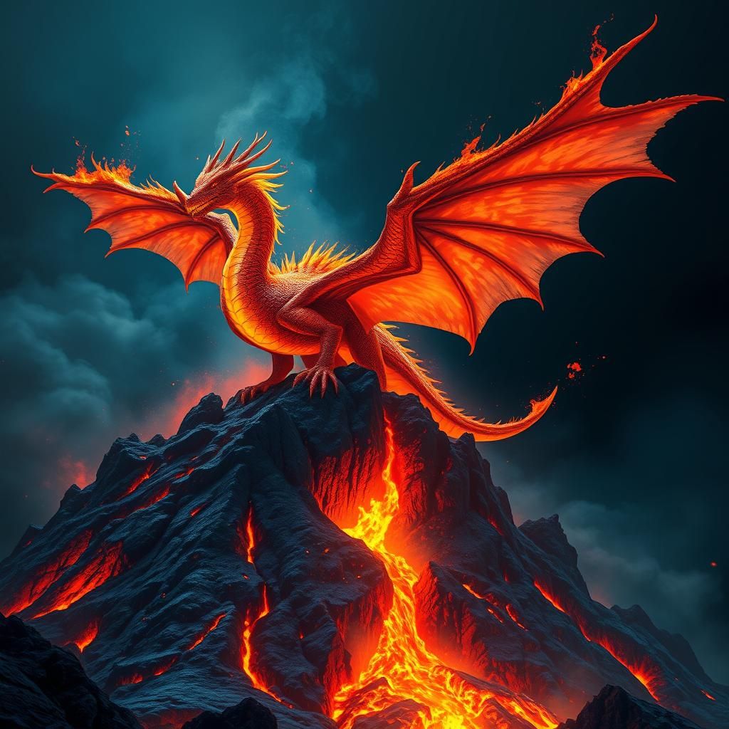 Majestic Fire Dragon on Ancient Volcano: Matte Painting