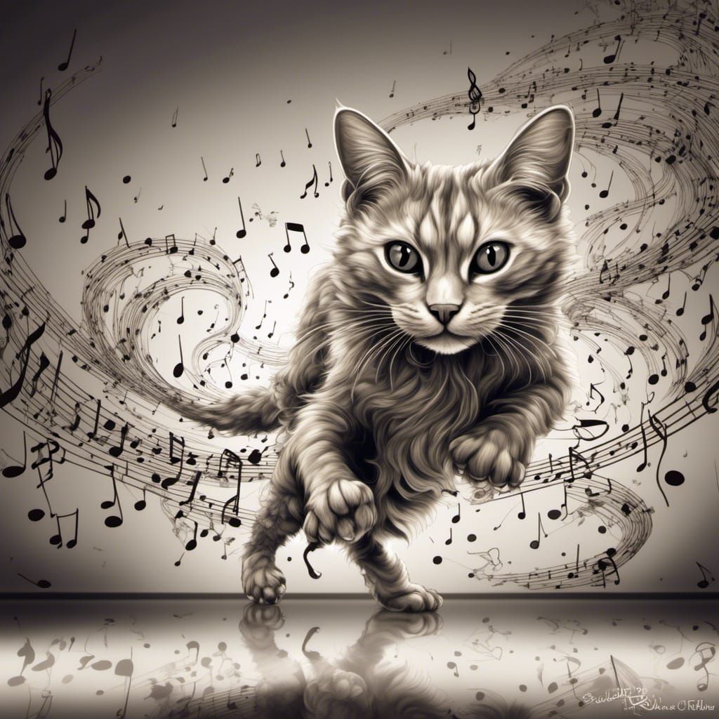 Cat Dancer with Fractal Music Notes