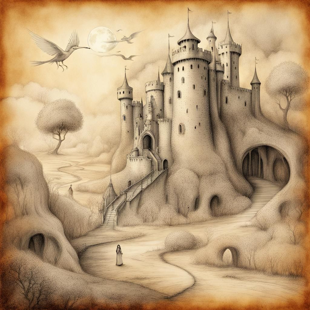 Dream Castle Ink Drawing in Fairytale Land