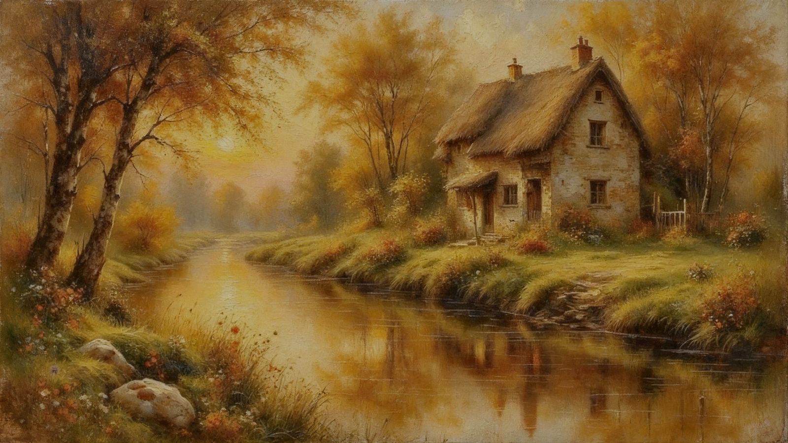 Quaint Cottage by Brook at Golden Sunset