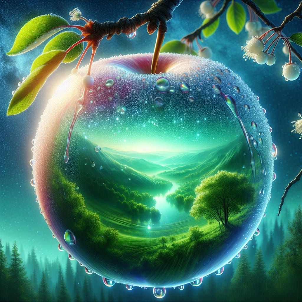 A delicate opal apple hanging from a branch