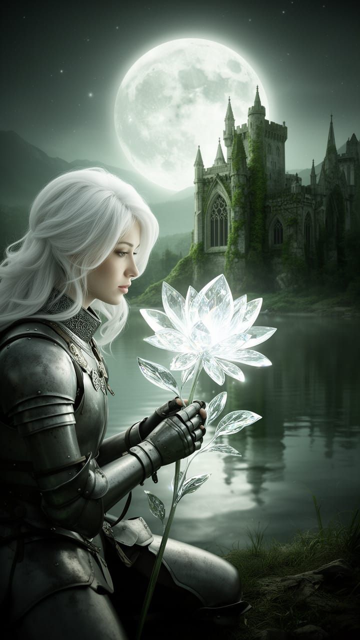 Knight Kneels Before Glowing Crystal Flower