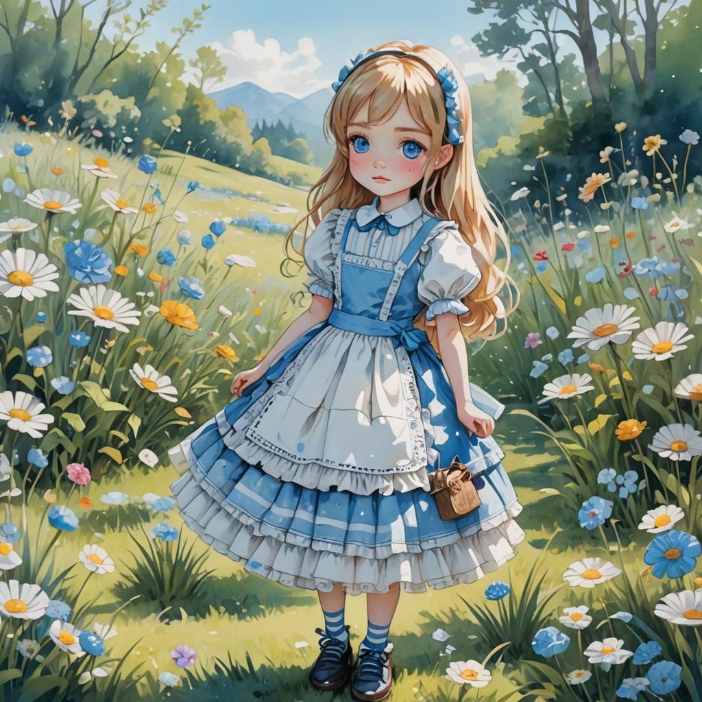Chibi Alice in Wonderland in Watercolor Style