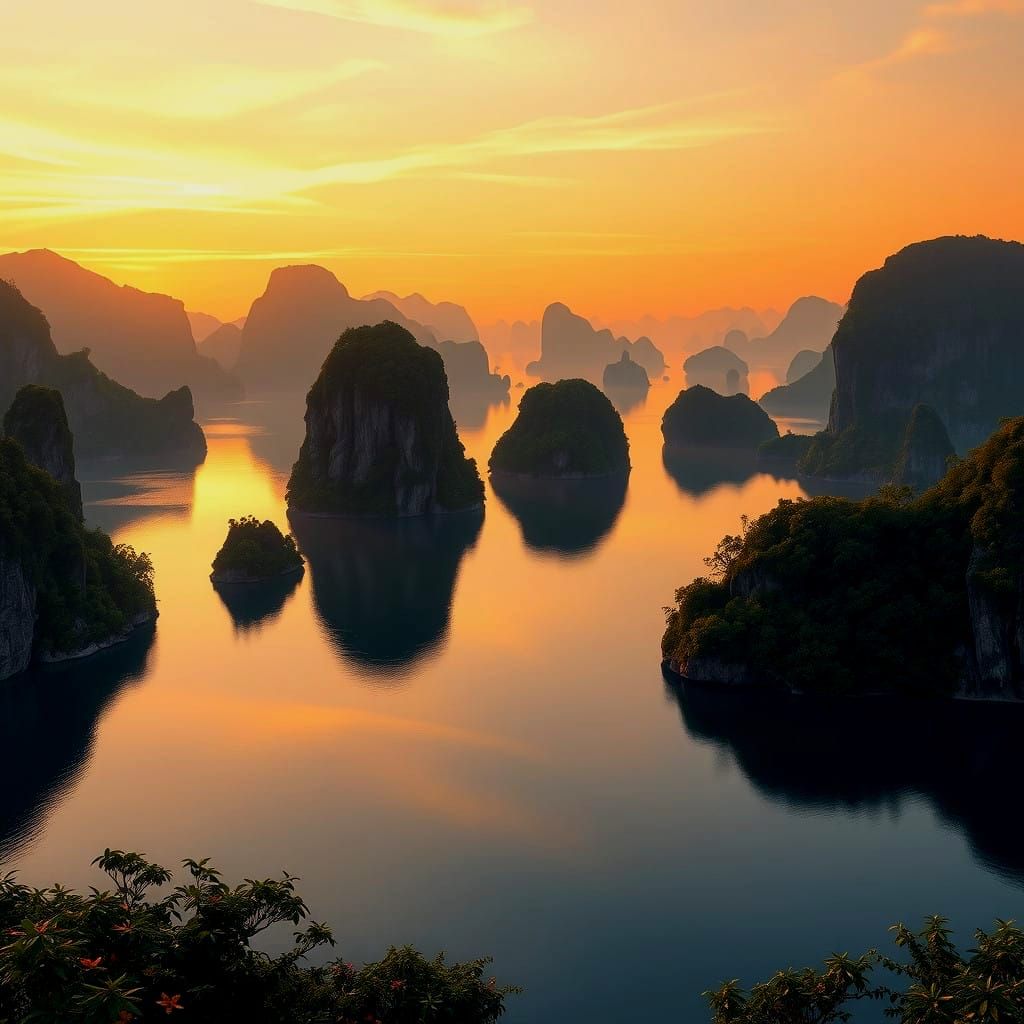 Ha Long Bay: Luminous Limestone Wonders in a Sunset Haze