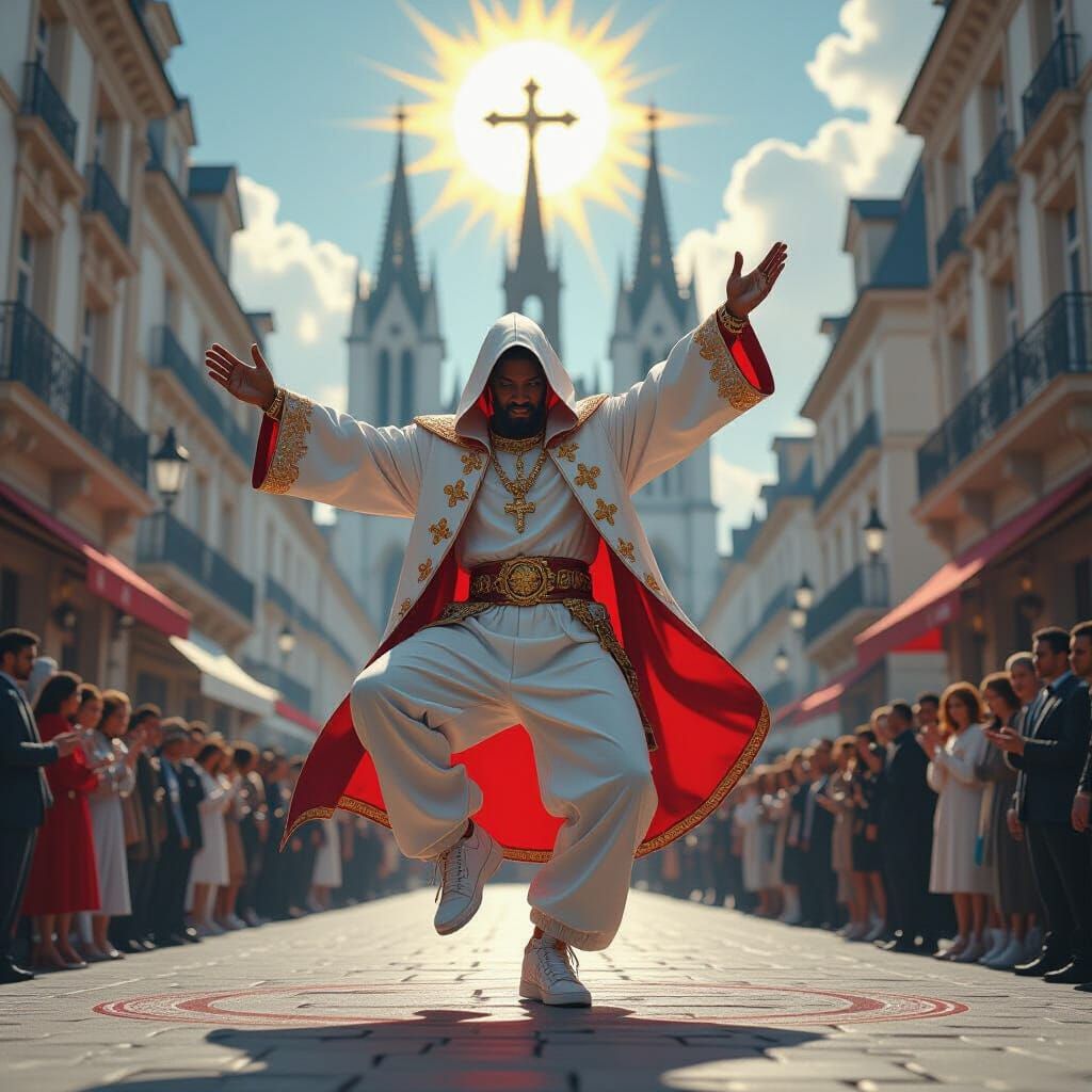 Hip-Hop Saint Breakdancing Under Divine Light