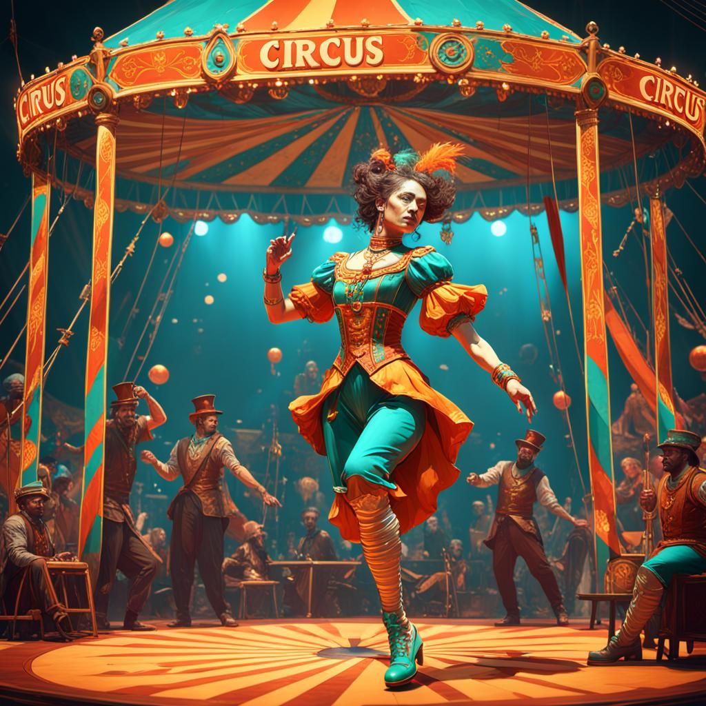 Dynamic Circus Scene in Art Nouveau Style