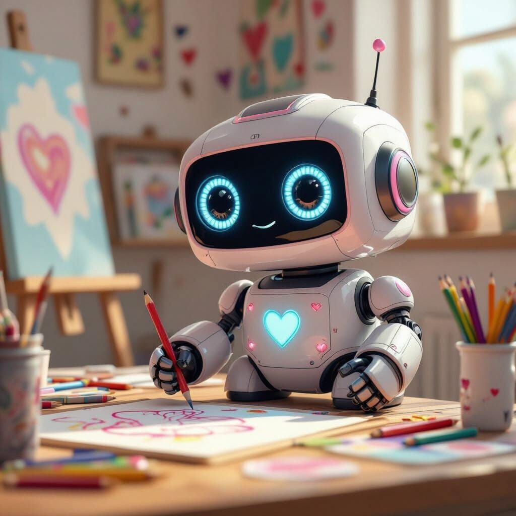 Cute Pink Robot Drawing in Sunny Art Studio