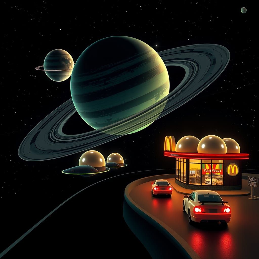 Orbiting Fast Food Restaurant with Spaceship Drive-Thru