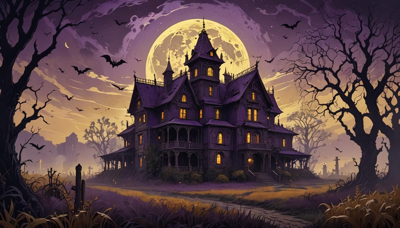 Spooky House with Graveyard in Dark Fantasy Art