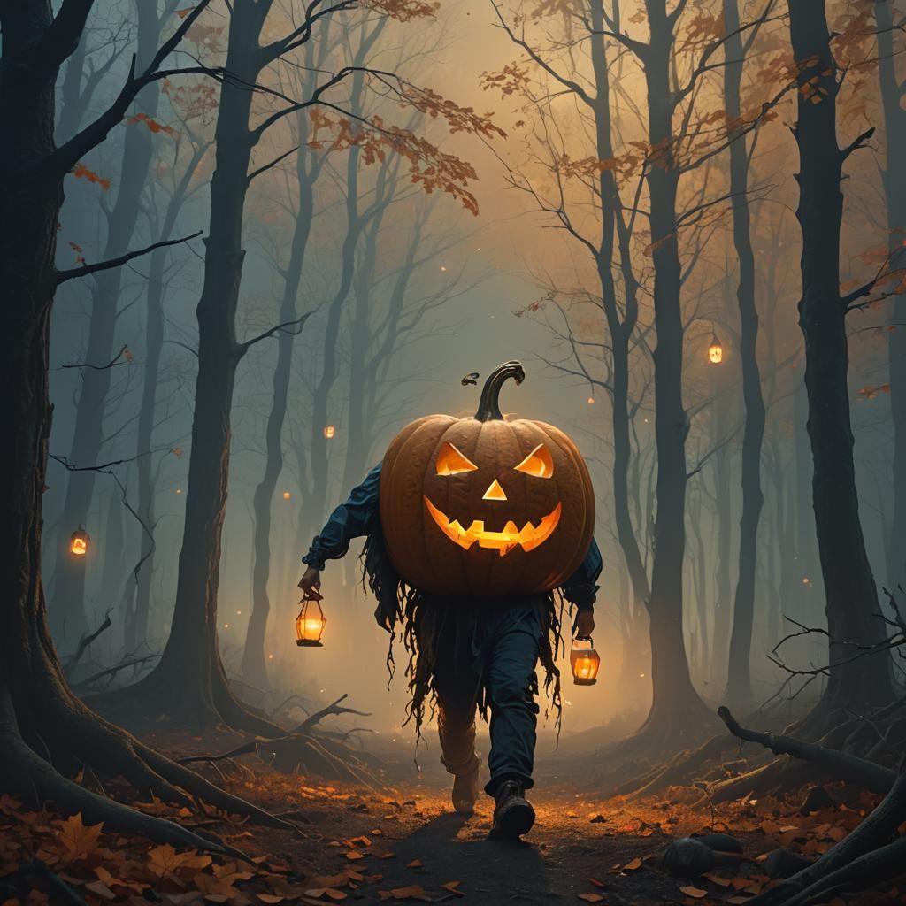 Eerie Pumpkin Figure in Misty Autumn Forest