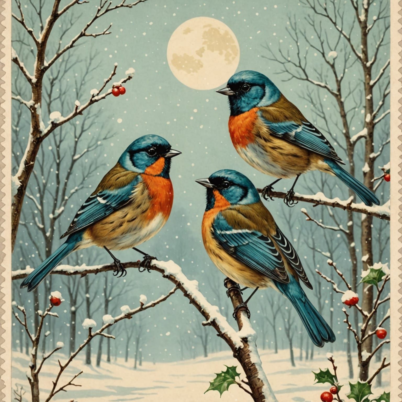 Winter Songbirds in Vintage Postcard