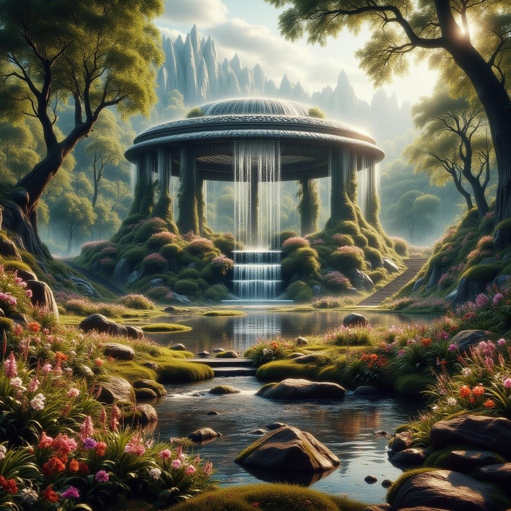 Epic Landscape with Rotunda, Waterfall, and Flowers in Hyper...