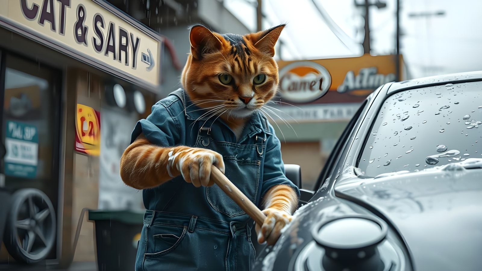 Resilient Cat Earns a Living in Urban Car Wash