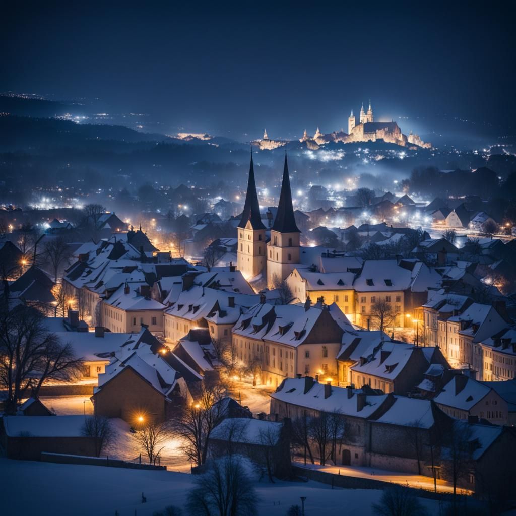 Snowy Medieval City in Transylvania: Night Photography